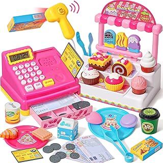 Cash Register for Kids Pretend Play Toy Till Cash Register with Scanner, Electric Calculator, Play Money/ Food, Kids Learning Toys Role Play Ice Cream Shopping Toys Gifts Girls 3 4 5 6 7 8 Year Old