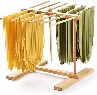 Bamboo Pasta Drying Rack with Transfer Wand and 12 Bars, Easy to Transfer for Drying Pasta and Cooking, Special Suspension Design for Large Storage