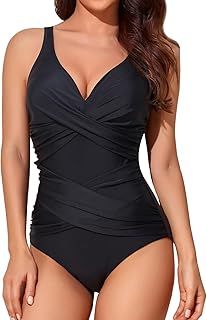 Smismivo Tummy Control Swimsuits for Women Slimming One Piece Bathing Suit Retro Ruched Push Up Vintage Padded Swimwear