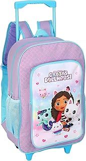 Gabbys Dollhouse Deluxe Trolley Backpack Childrens Travel Bag Kids Girls Character Luggage Carrier Suitcase Cabin Bag with Side Mesh Pockets