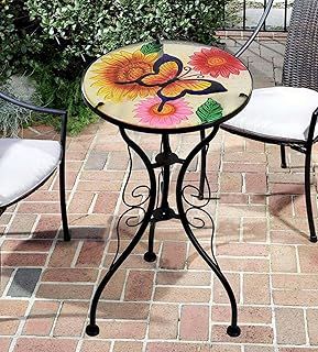 Iron/Glass Round Mosaic Design Side Table Garden Outdoor Patio Flower Plant Stand (Flowers and Butterfly)
