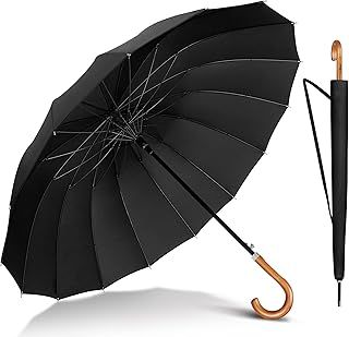 NINEMAX Large Stick Umbrella Windproof Strong,16 Ribs with Wooden Handle,Heavy Duty Gents for Men Women