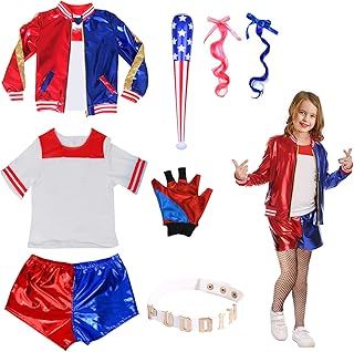 Quinn Cosplay Costume for Adult, Girls Villain Costume Kit Include Jacket T-shirt Shorts Gloves, Clown Girl Cosplay Costume for Halloween Carnival Fancy Dress