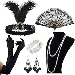 VEGCOO 1920 Accessories for Women,1920s Dresses for Women Vintage Clothing Accessories Including Headband Necklace Gloves Earrings Bracelet Props Set (Black 3)