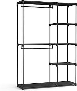 SONGMICS Clothes Wardrobe, Portable Closet, Open Storage Wardrobe, Clothes Garment Rack, 124 x 43 x 182 cm, 2 Hanging Rods and Shelves, for Bedroom, Living Room, Laundry Room, Black RYG026B02