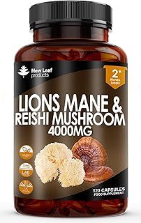 Lions Mane Capsules 4000mg + Reishi Mushroom - Lions Mane Supplement High Strength - Lions Mane Supplement - 120 Vegan Lion Mane Powder Capsules - Made in UK by New Leaf