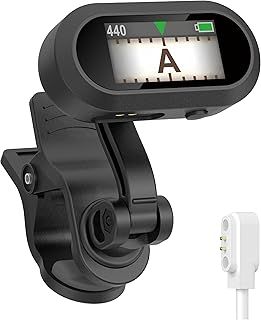 Clip On Tuner Rechargeable TFT Screen for Guitar Bass Ukulele and Wind Instruments, Headstock Chromatic Tuner Calibration 410-460Hz, Easy to Read in Strong Lights, Dual Rotatable Clip Design