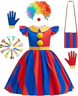 SIMSPEAR Circus Costume for Girls, Kids Cosplay Clown Costume Set with Rainbow Clown Wig, Clown Nose, Rainbow Bag, Gloves, Children's Halloween Carnival Costumes Girls Cosplay Clown Outfit