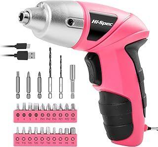 Hi-Spec 27 Pc Electric Screwdriver Pink 3.6V with 23 Drill Bits Set, Rechargeable Battery, LED Light & Cordless Screwdriver – Ideal for Home, Office, DIY Projects & Women
