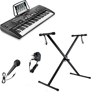 Crystals® 61 Keys Electronic Teaching Keyboard Digital Music Piano Instrument & Microphone with Keyboard Stand - Black (With Single Braced Stand)