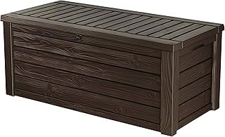 Keter Westwood 570L Outdoor 75% recycled Garden Furniture Storage Box Brown Wood Panel Effect ; Fade Free ; All Weather Resistant ; Safe and Secure ; Zero Maintenance ; 2 year Warranty