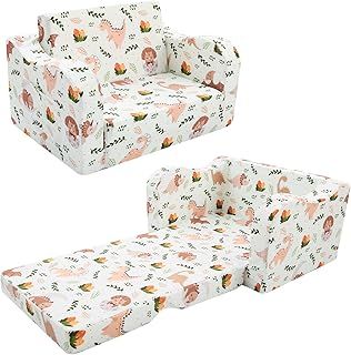 MeMoreCool Kids Couch, Folding Toddler Chair Comfy for Toddlers 1-3, Fold Out Kids Sofa 2-in-1 Pull Out Mini Sofa Bed for Playroom, Baby Lounge Bed for Boys & Girls, Dinosaur