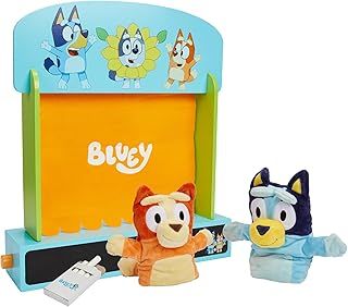Bluey Wooden Puppet Theater Playset - FSC-Certified Wood, Includes 2 Hand Puppets, Chalk & Curtain, Eco-Friendly Toy for Kids 3+, Compact & Easy to Store, Inspires Imagination & Storytelling