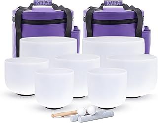 KVKA Set of 7pcs Frosted Quartz Crystal Singing Bowl 432hz 6-12 Inch Sound Healing Meditation Bowls with Carrying Case