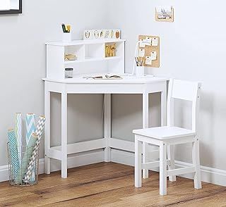 FEFE ® White Study Table and 1 Chairs for Kids Unisex Xmas, Wooden Study Desk with Chair for Children, Writing Desk with Storage and Hutch Shelves for Home School with Tidy Shelf Organiser