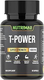 T-Power (Testo Supplement) | Ginseng, Maca, Tribulus Terrestris, Ashwagandha | 60 Capsules 1000mg High Strength | Gym Supplements for Men, Energy, Stamina Booster