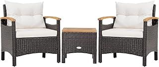COSTWAY 3-Piece Rattan Bistro Set, Patio Sofa Set Garden Table and Chairs with Cushions, Outdoor Furniture Acacia Wood Wicker Conservatory Set for Balcony Backyard Poolside