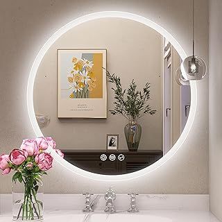 600 mm Round-Bathroom-Mirror-with-LED-Lights, Bluetooth, Anti-Fog, LED-Bathroom-Wall-Mounted-Mirror 3 Colors Dimmable, HD Tempered Glass, Memory Function, IP44 Waterproof