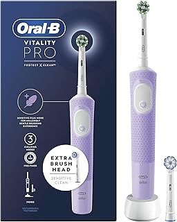 Oral-B Vitality Pro Electric Toothbrushes For Adults, 1 Handle, 2 Toothbrush Heads, 3 Brushing Modes Including Sensitive Plus, 2 Pin UK Plug, Purple