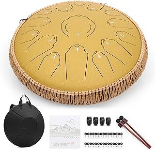 Steel Tongue Drum, 14 Inch / 35 cm Steel Tongue Drum, D Major, 15 Notes, Hand Drum HandPan Drum with Drum Sticks/Carry Bag (Gold)