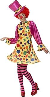 Smiffys Clown Lady Costume, Multi-Coloured Hooped Dress, Shirt, Bow Tie, Stripy Tights, Hat, Funny Fancy Dress, Clown Dress Up Costumes