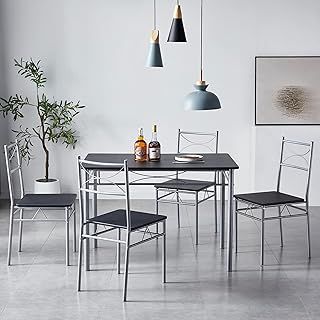 Dining Table and Chairs Set Metal Wood Effect Table Dining Set 4 Chairs Silvia (Black)