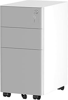 YITAHOME 3-Drawers Filing Cabinet Lockable, Home Office Mobile File Cabinets with Wheel, Under Desk File Office Cabinet for Letter/Legal/A4, Fully Assembled, White + Grey, 30 x 45 x 61cm