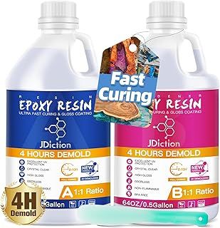 JDiction Fast Curing Epoxy Resin, 4 Hours Demold Upgrade Formula, 1gallon / 3.8L Fast Curing and Bubble Free Epoxy Resin, Crystal Clear Epoxy Resin Kit Self Leveling for Art, Craft, Jewelry Making