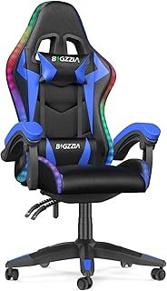bigzzia RGB Gaming Chair with LED Lights and Ergonomic Computer Chair Reclining PU Leather High Back Video Game Chair with Headrest Adjustable Lumbar Support Linkage Armrest for Adults (Black/Blue)