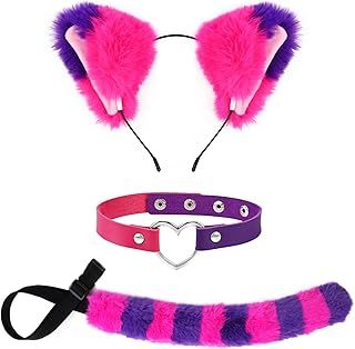Pink and Purple Striped Cat Costume for Girls Women World Book Day Cosplay Accessories Include Cat Ears Furry Tail and PU Choker