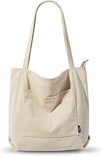 KALIDI Corduroy Tote Bag with Zipper Waterproof Cord Tote Bag for Women with Pockets Compartments Large Capacity Shoulder Bags Handbags for School Work Shopping Travel Daily Use