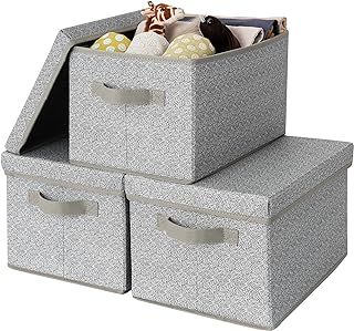 Fabric Storage Boxes with Lids, Pack of 3 Grey Storage Box with Lid, Wardrobe Storage Organiser, Storage Baskets for Shelves, Foldable Storage Box for Bedroom Organising Clothes Toys