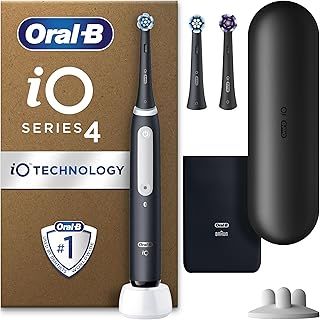 Oral-B iO4 Electric Toothbrush For Adults, 3 Toothbrush Heads, Travel Case & Toothbrush Head Holder, 4 Modes With Teeth Whitening, 2 Pin UK Plug, Black