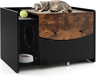 Cat Litter Box Enclosure, Hidden Kitty Washroom Storage Cabinet Nightstand with Pull-out Drawer, Rolling Caster & Front Flip Open Door, Wooden Cat Houses Pet Crate for Living Room Bedroom
