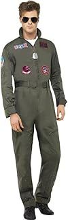 Smiffys Top Gun Deluxe Male Costume, Green with Jumpsuit, Dog Tags & Sunglasses, Officially Licensed Top Gun Fancy Dress, Adult Dress Up Costumes