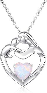 Flyow Real 925 Sterling Silver White/Rose Gold Plated Mother and Child Lab Opal Pendant Heart Necklace Jewelry for Women Mother, Best Christmas Gifts New Mum Gifts