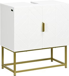 kleankin Modern Bathroom Sink Cabinet, Freestanding Under Sink Storage Cabinet, Space Saving Wooden Basin Cupboard with 2 Doors and Gold Steel Legs, 60 x 30 x 65 cm, White
