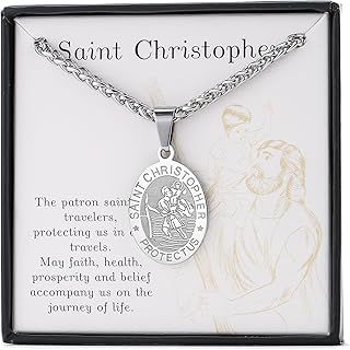Oval St Christopher/Michael Medal Necklace for Men Boys, Stainless Steel Saint Patron Protect Us Pendant Jewellry Catholic Religious Gifts