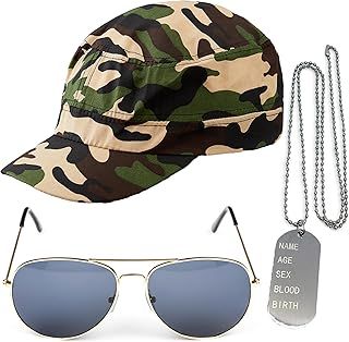 3pc Army Costume Accessories Women and Men - Army Fancy Dress Accessories Set with Camo Cap, Dog Tag Necklace and Gold Aviator Sunglasses - Adult Fancy Dress Soldier Costume Men for Stag Do Outfit