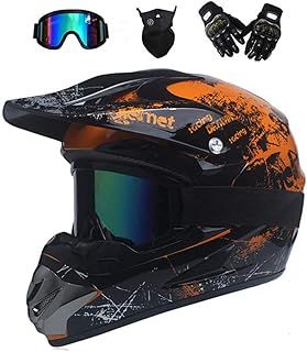 Motocross Helmet, with Goggles Mask Gloves, Youth Kid Full-Face Off Road Motorcycle Crash Helmet, MTB BMX Downhill Quad Bike Enduro Racing Dirt Bike Helmet,Orange,M(54~55cm)
