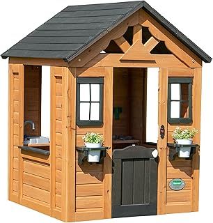 Backyard Discovery Sweetwater Playhouse | Wooden House for Outdoor Play, With Fun Accessories, Kids Garden House, 100% Cedar Wood, For 2-7 Year Olds | Brown Colour