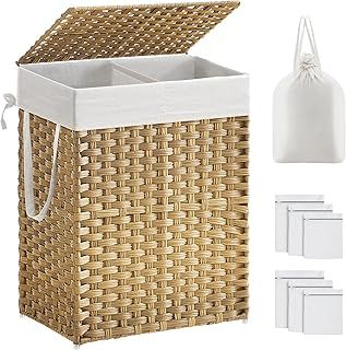 SONGMICS Laundry Basket with Lid, 90L Washing Basket 2 Compartments, Removable Liners with Handles, Handwoven Synthetic Rattan, for Bedroom, Bathroom, Laundry Room, 33x 46 x 60 cm, Natural LCB251N01V1