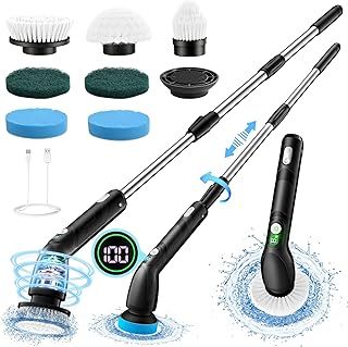 Electric Cleaning Brush, Electric Spin Scrubber with Long Handle, IPX7 Bathroom Cleaning Brush with LED Display, Bathroom Scrubber with 2 Spin Speeds, 7 Brush Heads for Shower, Tub, Kitchen