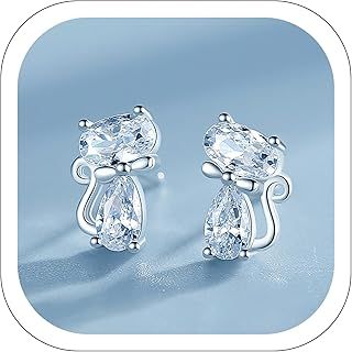 Dimond Cute Cat Earrings for Women, 925 Sterling Silver Cute Cat Stud Earrings for Women Cat Lovers Hypoallergenic