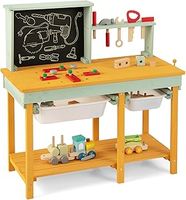 Kids Workbench, Wooden Play Workbench with Chalkboard, Storage Shelf, 2 Drawers, Tool & Parts Set, Toy Tool Bench for 3-8 Years Old Boys Girls