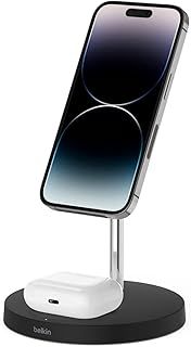 Belkin 2-in-1 Wireless Charger with MagSafe, (15W Fast Charging iPhone Charger Stand for iPhone 14, 13, 12 Series, Airpods and Other MagSafe Enabled Devices with Included Power Adapter) - Black