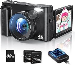 4K Digital Camera for Photography and Video, Autofocus Anti-Shake 48MP Vlogging Camera for YouTube, 3'' 180°Flip Screen Camera with Flash 16X Zoom, Digital Camera with 32GB Card Battery Charger