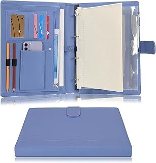Wonderpool A4 PU Leather 4 Ring Holder Writing Portfolio Multi Document Case with Removable Binder Clipboard and Functional Pocket for Organizer Office Travel School (Blue)