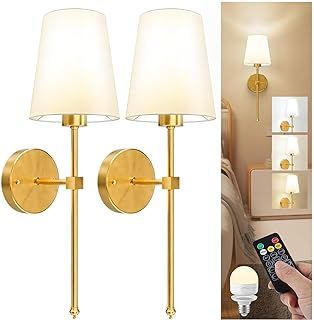 Battery Operated Wall Sconce Set of 2, Rechargeable Wall Lights with 5000mAh Dimmable Detachable Charging Bulbs and Remote, 3 Color Temperature Wireless Sconces for Bedroom Living Room Hallway