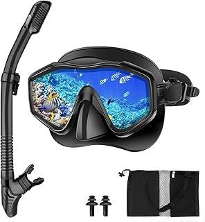 Immver Snorkel Set Adults, with Anti-Fog Panoramic View Snorkel Mask Made of Tempered Glass and Anti-Leak Dry Snorkel Tube, Diving Snorkeling Set for Adult and Youth